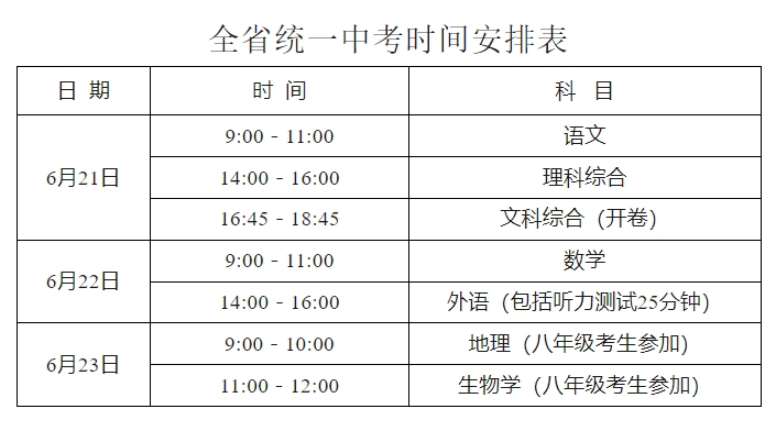 2024年河北中考时间为6月21日-22日